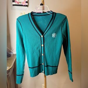 Elegant Teal Ribbed Cardigan with Black Accents